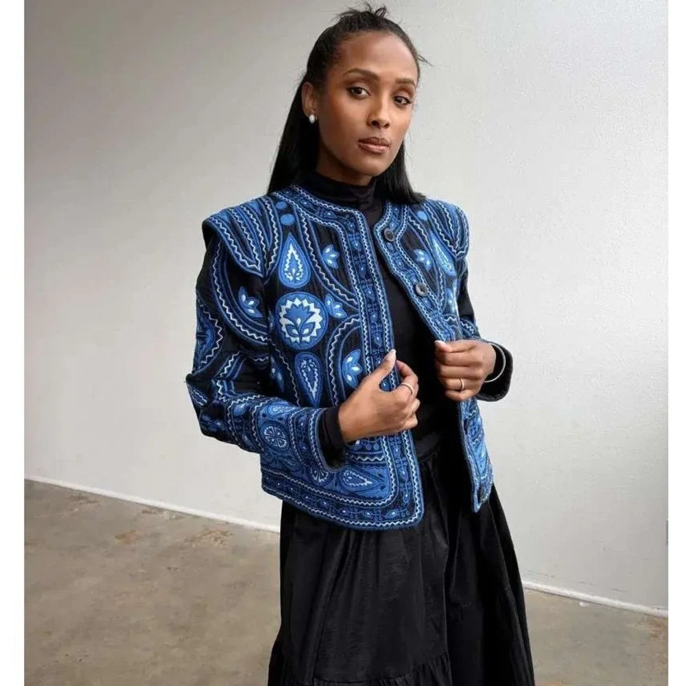 Sea New York Gael Quilted Jacket Black Blue Embroidered Paisley Boho Sz L